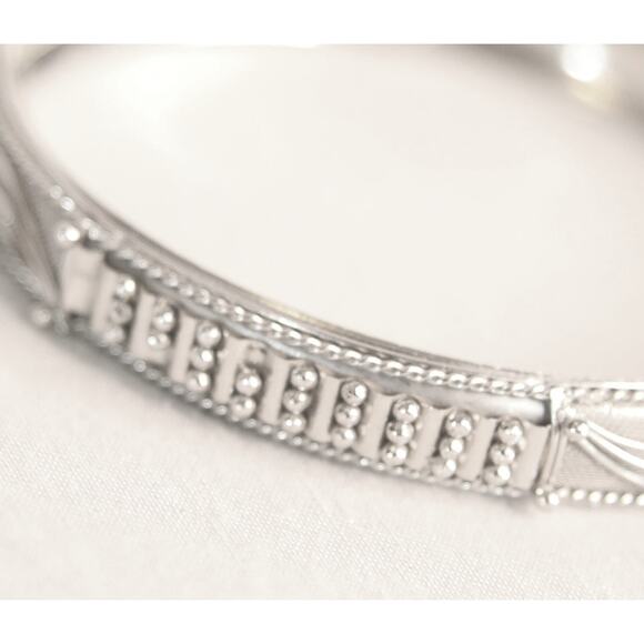 Silver Tone Bangle Bracelet Ornate Filagree Overlay - Picture 3 of 9